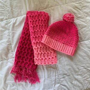 Girl’s pink ombré homemade crochet scarf and hat